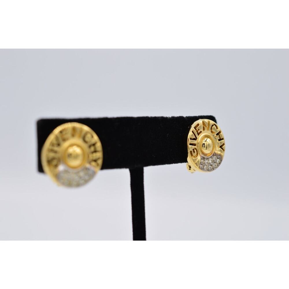 Givenchy Vintage Logo Clip Earrings Gold Rhinestone Crystal Round Signed BinAE - Picture 5 of 10